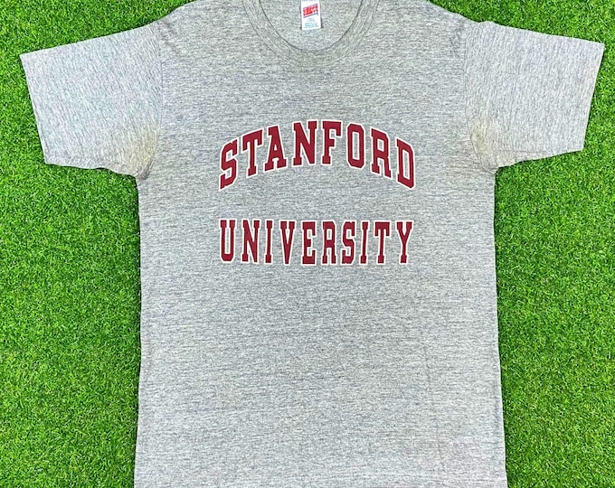 Vintage Stanford University Spell Out T Shirt Tee California NCAA Soffe Shirts Large 1980s Made USA Classic 80s Heather Grey Original