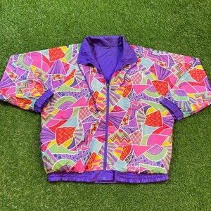 Vintage Graphic Windbreaker Zip Up Jacket Reversible Size XL Multicolor Streetwear Sport Active Wear Classic Light Rain Coat 1990s