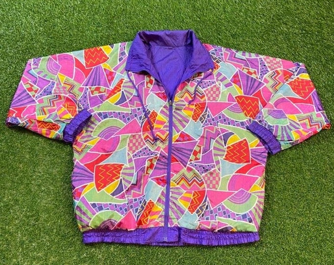 Vintage Graphic Windbreaker Zip Up Jacket Reversible Size XL Multicolor Streetwear Sport Active Wear Classic Light Rain Coat 1990s