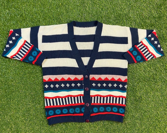 Vintage Multicolor Cardigan Sweater Size Medium M 1980s 80s Comfy Button Down Warm