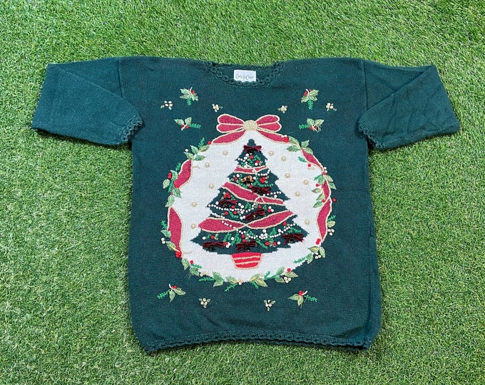 Ugly Christmas Sweater Vintage Tacky Holiday Party Merry Santa Classic Size Medium M Xmas Tree 90s 80s Pull Over