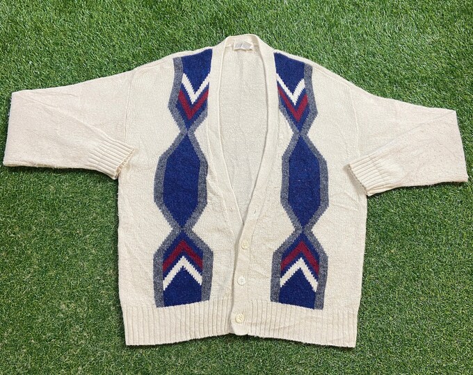 Vintage Beige Multicolor Cardigan Sweater Cattivo Size Xtra Large XL 1980s 80s Comfy Button Down Warm