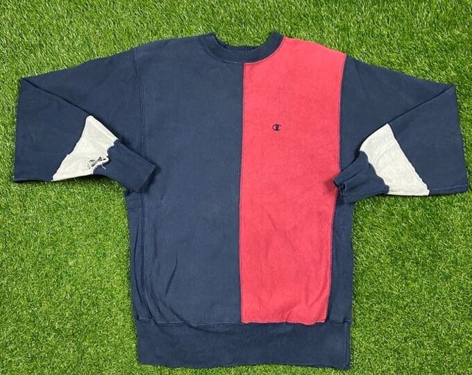 Vintage Plain Blue Red Reverse Champion Crewneck Sweatshirt Xtra Large XL Quality 1990's Oversized Fit  Made USA Original Pull Over Cut Sew
