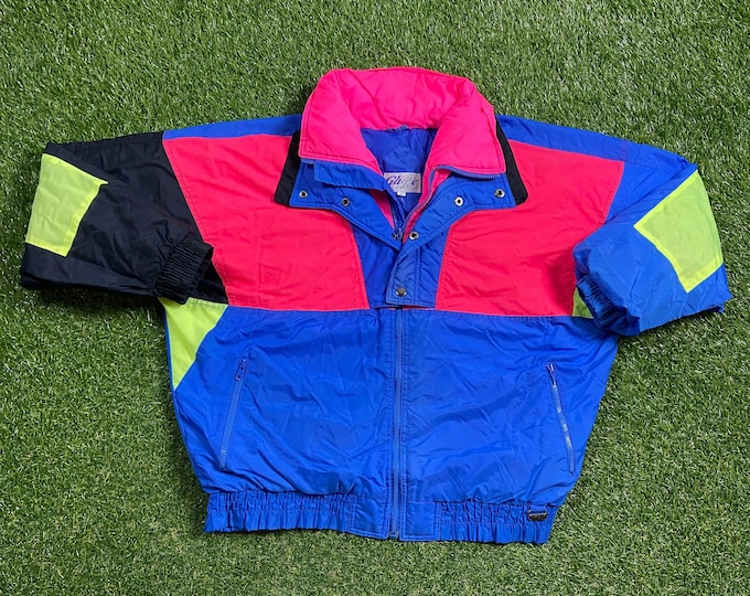 Vintage Graphic Zip Up Ski Jacket Glisse Size Large L Multicolor Streetwear Sport Active Wear Classic Light Coat 1980s 80s