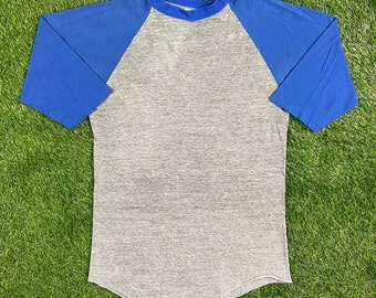 Vintage Plain Gray with Blue Sleeves Half Sleeve T shirt Tee Sportswear ll Made USA Size Large L Tri Blend Raglan 1970s 70s