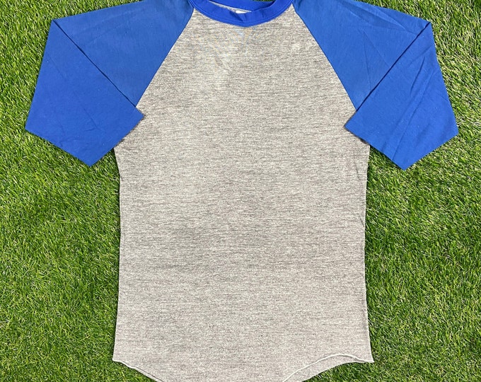 Vintage Plain Gray with Blue Sleeves Half Sleeve T shirt Tee Sportswear ll Made USA Size Large L Tri Blend Raglan 1970s 70s