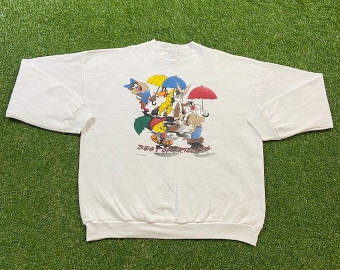 Vintage Looney Tunes Crewneck Sweatshirt Made USA Xtra Large XL Bugs Bunny Warner Bros Classic Cartoon Space Jam 1990s 90s Friends Parody