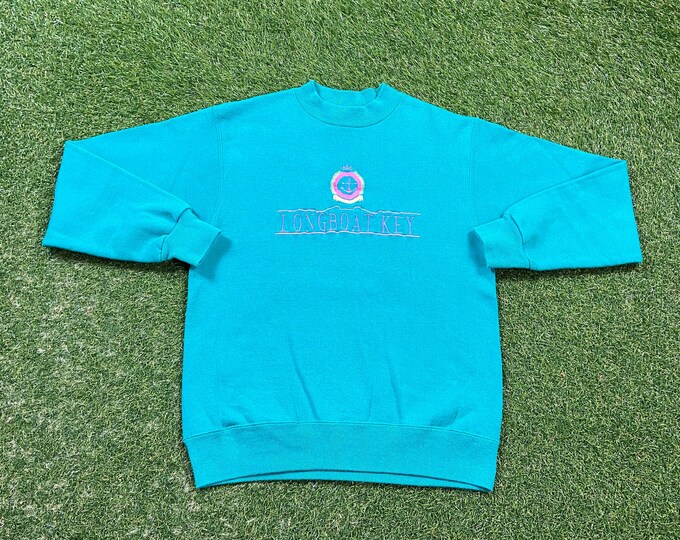Vintage Longboat Key Crewneck Sweatshirt Hanes Made USA Size Medium M Tropical Florida FL Beach Tourist Travel 90s Pull Over 1990s