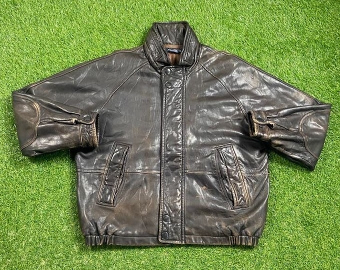 Vintage Brown Leather Jacket Nautica Size 44 Large Authentic American Apparel Quality Very Warm Coat 1990s 90s