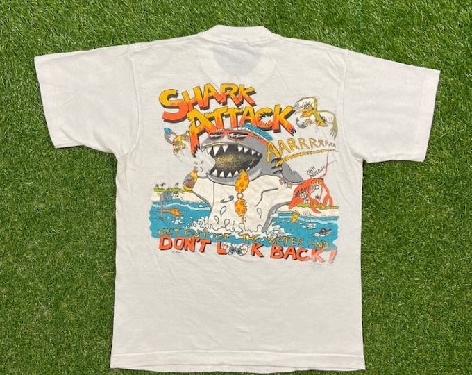 Vintage Surf Shark Florida T Shirt Tee Screen Stars Made USA Size Medium M Ron Jon Surf Shop 1980s 80s Surf