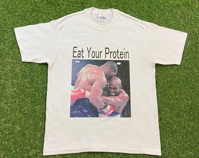 Vintage Mike Tyson vs Evander Holyfield Eat Your Protein T Shirt Tee Hanes Size Medium M Original Classic Boxing 1990s 90s Rare