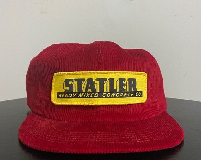 Vintage Statler Ready Mixed Concrete Co Snapback Hat Made USA OSFA Construction Machinery Manufacturer 1980s 80s K Brand Red Corduroy