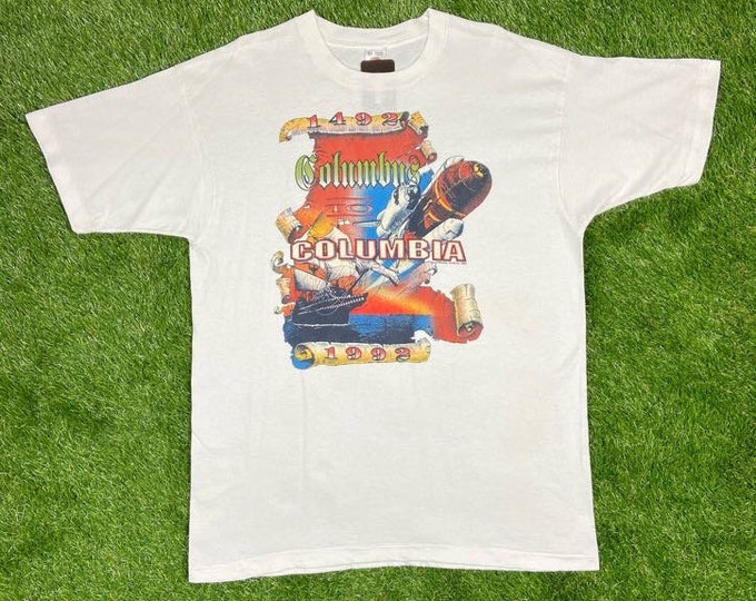 Vintage 1492 Christopher Columbus Columbia Graphic T Shirt Tee Fruit of the Loom Made USA Size Xtra Large XL America VTG 80s 90s Nasa Space