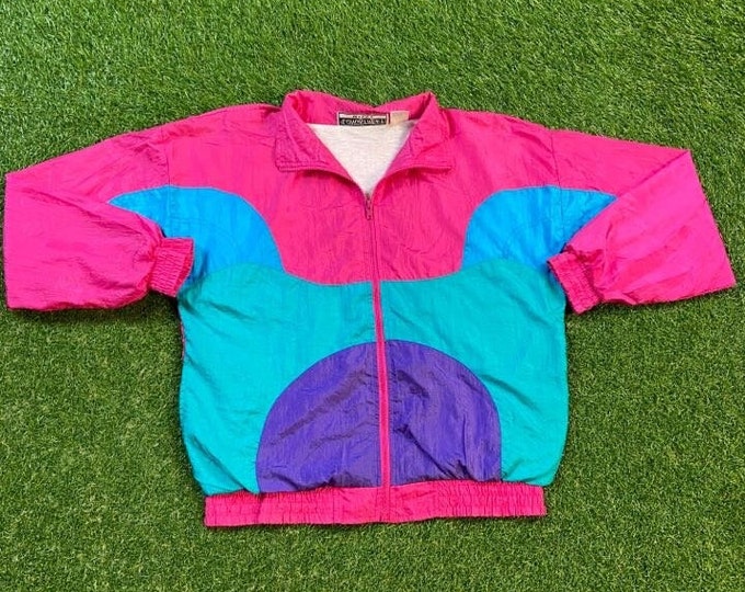 Vintage Graphic Windbreaker Zip Up Jacket Size Medium M Multicolor Streetwear Sport Active Wear Classic Light Rain Coat 1990s