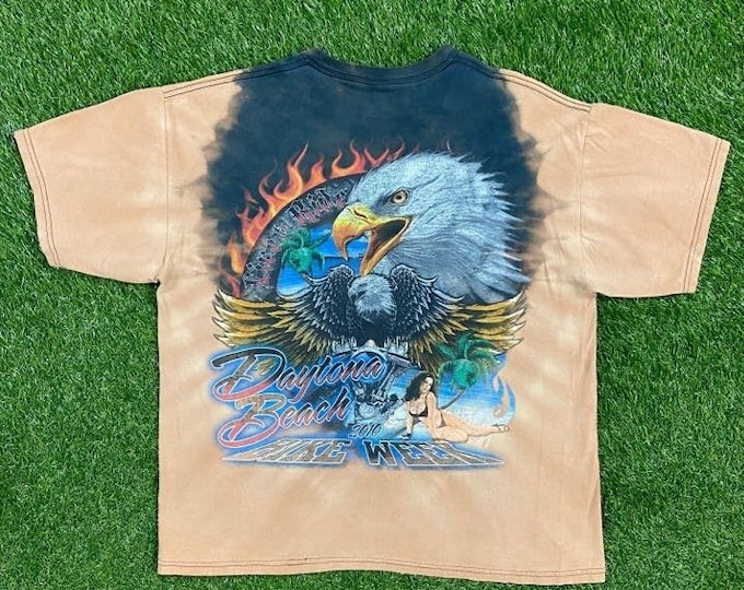 Vintage Daytona Beach Bike Week T Shirt Tee Gildan Size Xtra Large XL Harley Davidson HOG 3D Eagle Motorcycle Truckers Biker Handmade Bleach