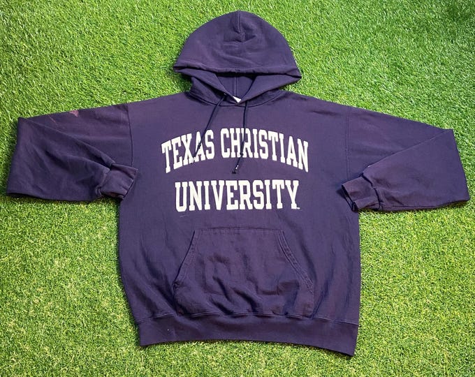 Vintage Texas Christian University Hoodie Sweatshirt Champion Size Medium M TCU NCAA College Football Fort Worth 1990s Pull Over Oversized