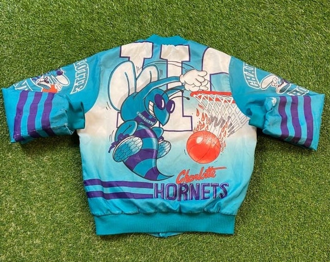 Vintage Charlotte Hornets Bomber Jacket Chalk Line Made USA Size Medium M NBA Basketball North Carolina NC J Cole 1990s 90s