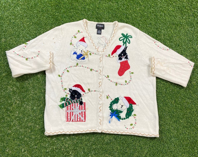 Ugly Christmas Cradigan Sweater Vintage Tacky Holiday Party Merry Santa Classic Holidays Size XL Xmas Knit Classic Christmas Cats Dogs 90s