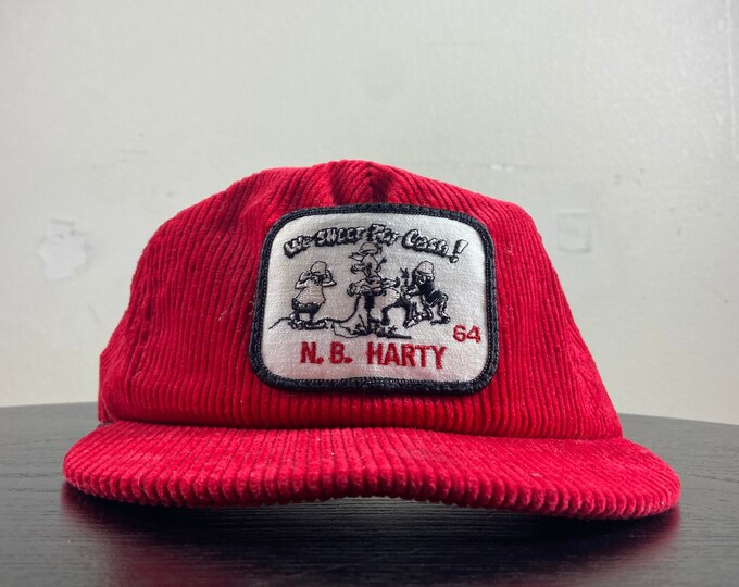 Vintage N.B. Harty We Shoot For Cash Corduroy Snapback Hat Cap America Made USA OSFA Explosive Expert Cleaning Boilers 1980s 80s
