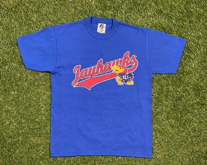 Vintage University of Kansas T Shirt Tee Russell Athletic Size Youth Medium M NCAA College Basketball Classic Jayhawks