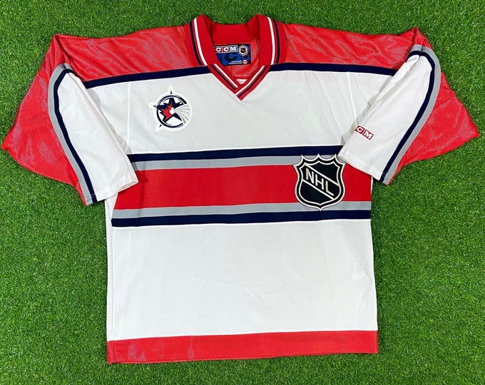 Vintage Columbus Blue Jackets Ice Hockey Jersey NHL CCM Large Oversized Ohio Striped 1990's 90's Red Black Grey White Rare Variant