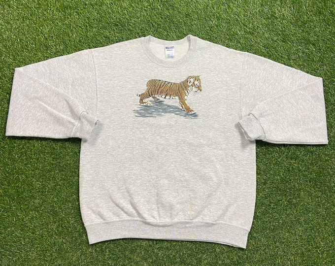 Vintage Tiger Crewneck Sweatshirt Jerzees Size Large L Animal Safari Lion Cheetah Zebra Jungle Africa RARE 1990s 90s