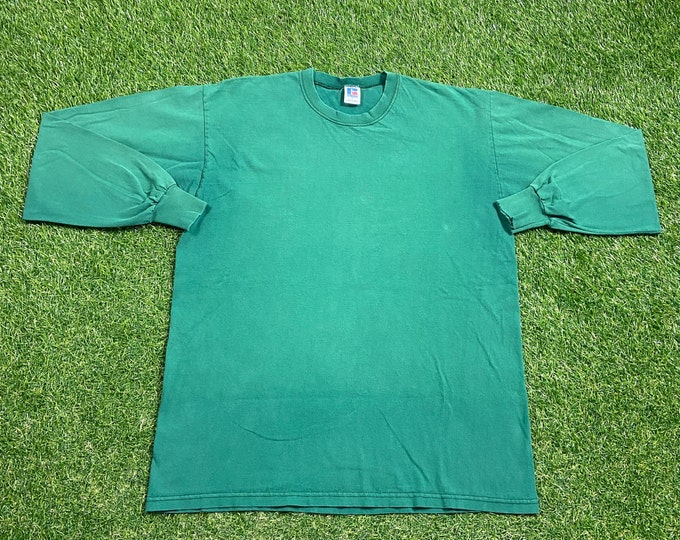 Vintage Plain Green Long Sleeve T Shirt Russell Athletic Made USA Size Large L Quality Great Fit Original 1990s 90s