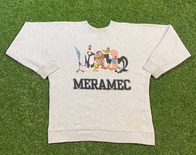 Vintage Looney Tunes Meramec Crewneck Sweatshirt Made USA Size Large L Cartoon Animation Warner Bros Bugs Bunny Space Jam 1990s Pull Over
