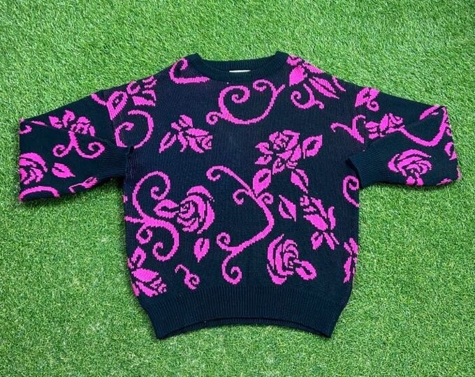 Vintage Floral Knitted Crewneck Sweater Size Large L Flower Quality Comfortable Fit 1990s Original Fall Winter Warm Cozy 90s