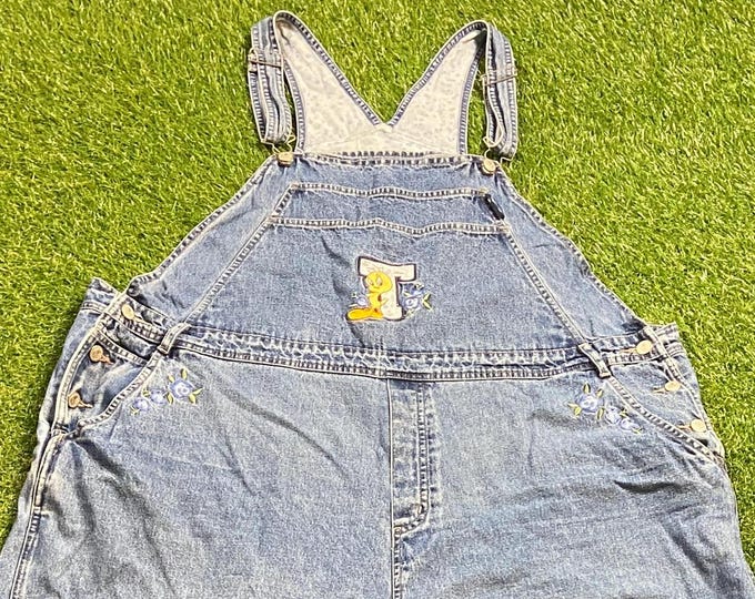 Vintage Tweety Bird Overalls Size XXL 2XL Looney Tunes Bugs Bunny Warner Bros Apparel Fashion Jeans Pop Suspenders 1990s 90s