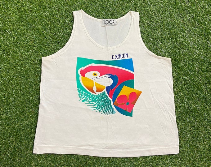 Vintage Cancun Mexico Tank Top Shirt Look Wear Size Small S Vacation Beach Caribbean 1990s 90s