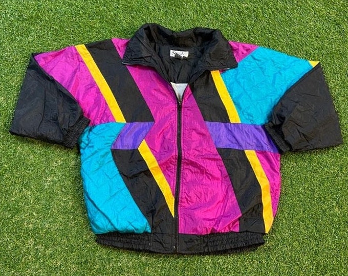 Vintage Graphic Windbreaker Zip Up Jacket Slade Size Small S Multicolor Streetwear Sport Active Wear Classic Light Rain Coat 1990s