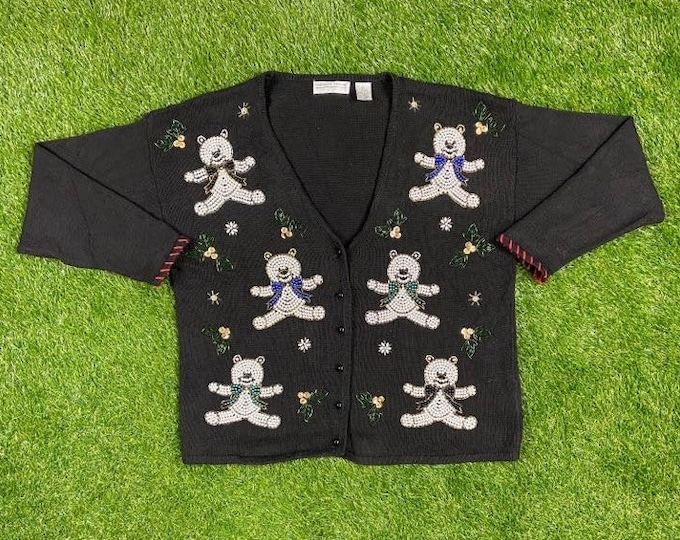 Ugly Christmas Cardigan Sweater Vintage Tacky Holiday Party Merry Santa Classic Large Xmas Teddy Bear Santa Claus 90s 80s Snow Knit Classic