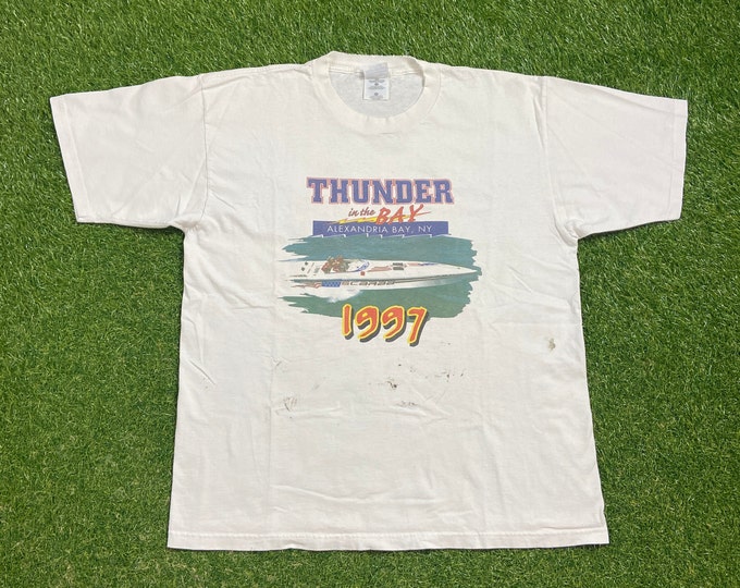 Vintage Thunder in the Bay T Shirt Tee Gildan Size Xtra Large XL Alexandria Bay Thousand Island New York Poker Gambling Money 1990s 90s