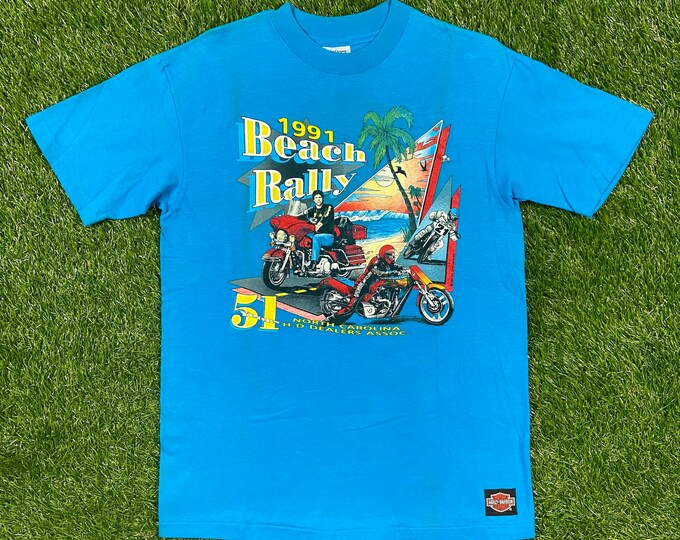 Vintage Harley Davidson 1991 Beach Rally North Carolina HOG T Shirt Hanes Made USA Size Large 3D Motorcycle Truckers Biker L 1980s