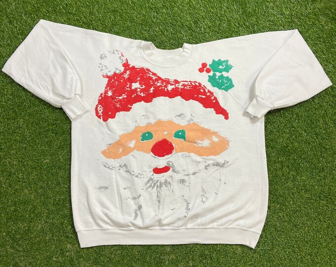 Ugly Christmas Sweater Vintage Tacky Holiday Party Merry Santa Classic Seasons Greetings Xmas 90s Knit Classic Made USA Size Large Holidays