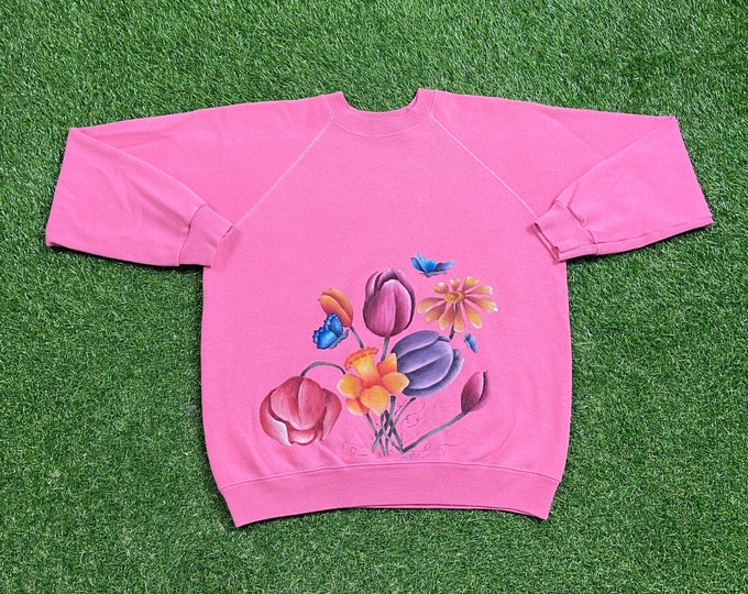 Vintage Floral Crewneck Sweatshirt Made USA Size Large L Flowers Morning Sun Bees Caterpillars Butterflies Nature Plants Pull Over Oversized