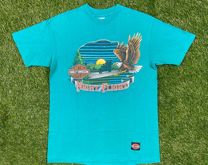 Vintage Harley Davidson Night Flight New Orleans HOG T Shirt Hanes Made USA Size Large 3D Motorcycle Truckers Biker L 1980s 1990s