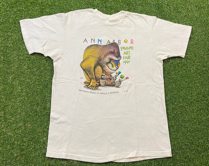 Vintage Ann Arbor T Shirt Tee Hanes Made USA Size Large L Summer Art Fair 1991 Michigan Guild of Artist and Artisans 1990s 90s