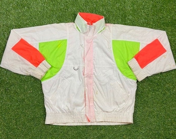 Vintage Classic White Multicolor Jacket Size Large L Streetwear Sport Active Wear Classic Light Rain Coat 1990s 90s With Hood