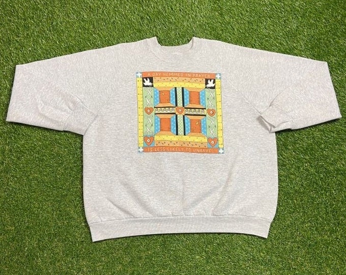 Vintage A Day Hemmed in Prayer Crewneck Sweatshirt Size Xtra Large XL Jesus Church Sunday Service Christian God 1990s Pull Over Oversized