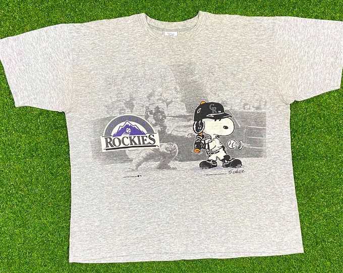 Vintage Colorado Rockies Snoopy Peanuts T Shirt Tee Artex Large Made USA MLB 90s Denver MLB 1991 Baseball Charlie Brown All Over Print 1990s