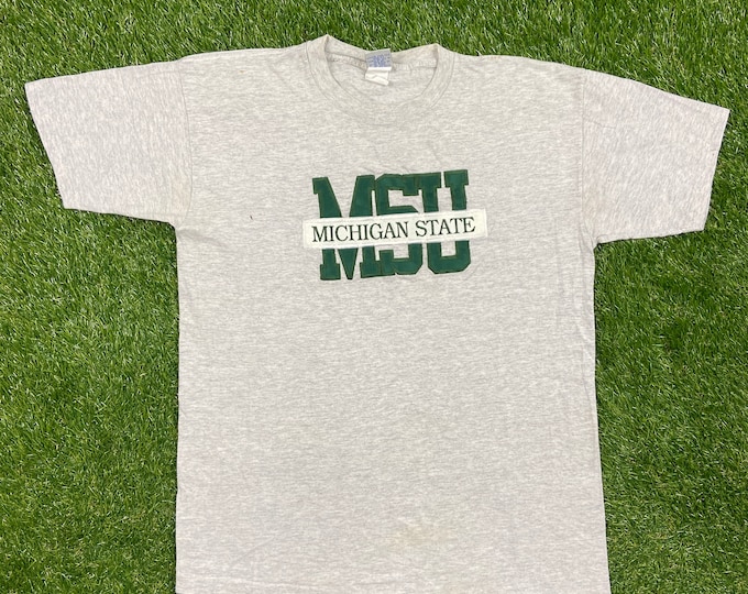 Vintage University of Michigan State Spartans T Shirt Tee Cable Sportswear Made USA Large NCAA College Basketball Detroit Classic 1990s 90s