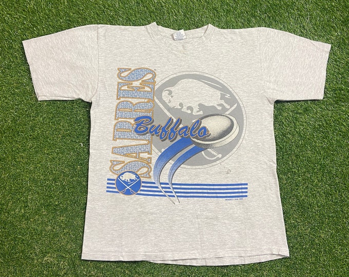 Vintage Buffalo Sabres T Shirt Tee Made USA Size Large L NHL Hockey New York 1990s 90s All Over