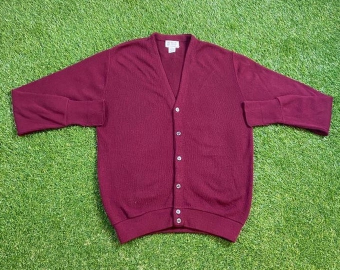 Vintage Burgundy Cardigan Knit Sweater Heather Loom Made USA Size Medium M 1980s 80s Comfy Button Down Comfy Warm