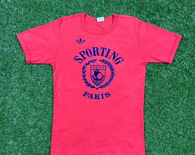 Vintage Adidas Sporting Paris T Shirt Tee Size Small S RARE New York Three Stipes 80s 1980s Classic Logo Original