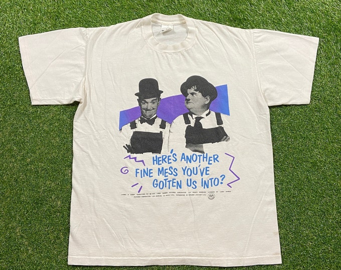 Vintage Laurel and Hardy T Shirt Tee Murina Made USA Size Xtra Large XL Tv Comedy Pull Over 1990 90s Here’s another Fine Mess