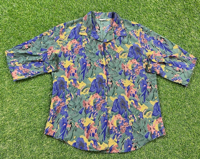 Vintage Floral Button Down Shirt Le Caviar Size Medium M Flowers Wacky Fun Art 80s 1980s Original Classic Party Festival Pop Casual