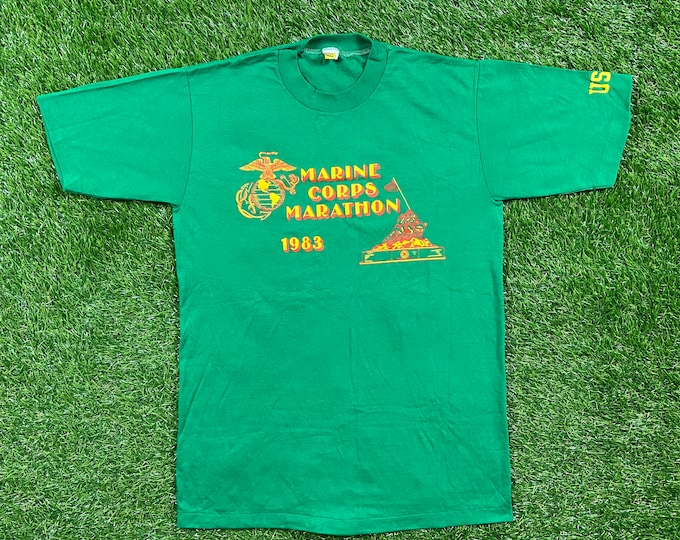 Vintage USMC 1983 Marines Corps Marathon T Shirt Tee Velva Sheen Made USA Size Medium 1980s Marines Army United States Military Veteran 80s