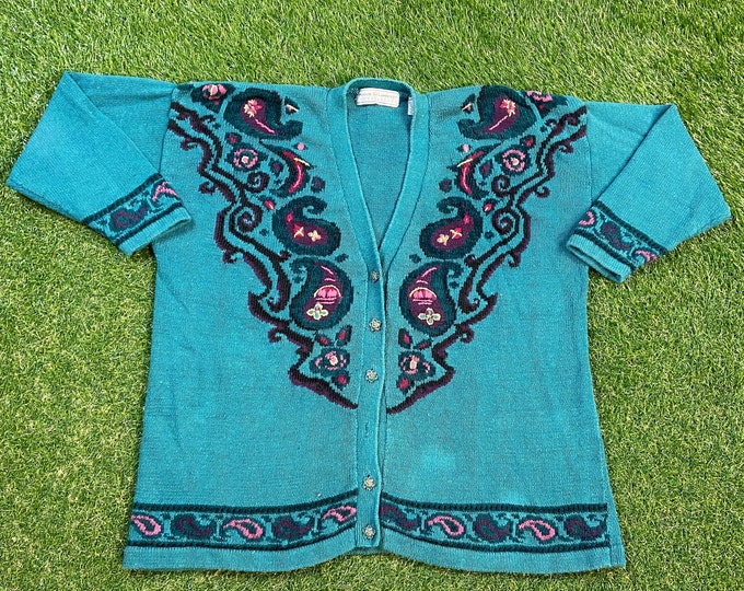 Vintage Maggie Lawrence Cardigan Knit Sweater Size Large L Green 1980s 80s Comfy Button Down